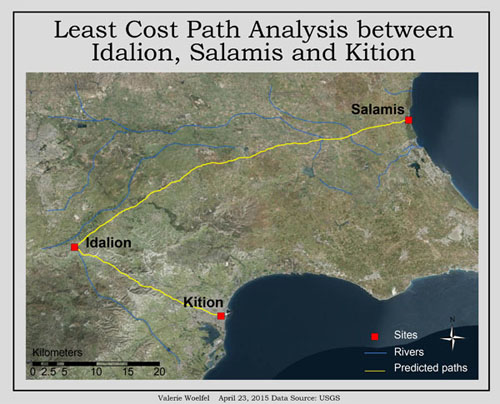 Least cost path analysis between archaeological sites